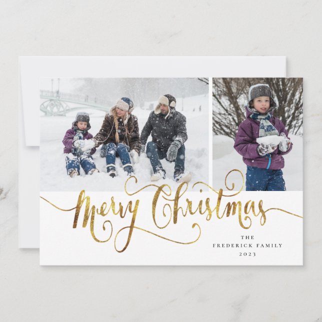 Tarjeta fotográfica Gold Script Merry Christmas Ta (Anverso)