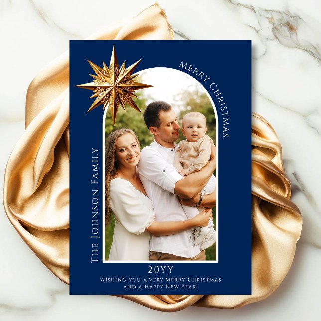Tarjeta fotográfica Gold Star (A keepsake photo card in royal blue with a gold star.)