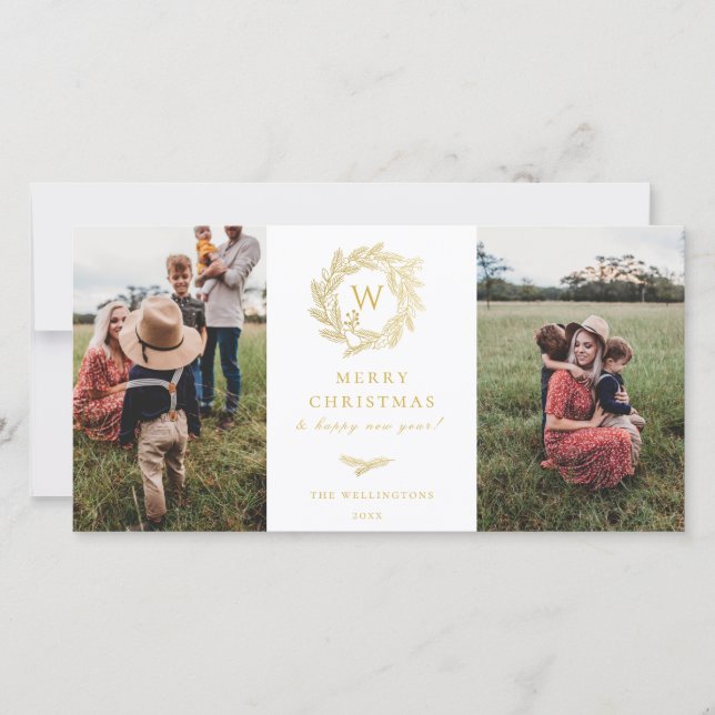 Tarjeta fotográfica Golden Wreath Monogram Holiday (Anverso)