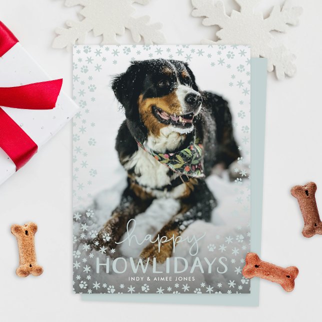 Tarjeta fotográfica Gray Happy Howlidays Pet Lover (snowflakes and paw prints happy howlidays pet parent Christmas holiday photo cards)