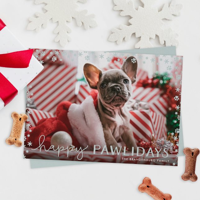 Tarjeta fotográfica Gray Happy Pawlidays Pet Lover (paw print snowflakes happy pawlidays Christmas holiday photo cards for pet parents)