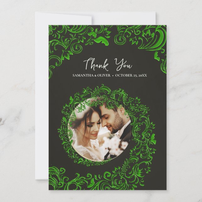 Tarjeta fotográfica Green Damask Wedding (Anverso)