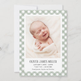 Tarjeta fotográfica Green Gingham Baby Birth