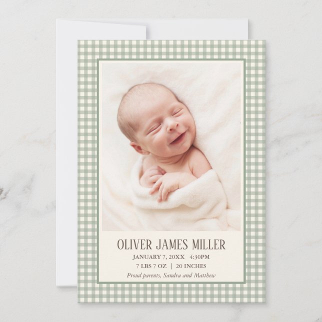 Tarjeta fotográfica Green Gingham Baby Birth (Anverso)