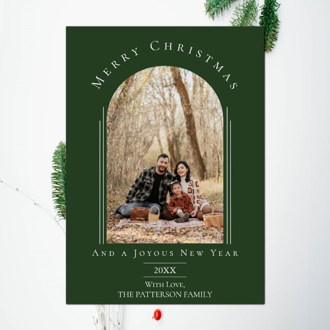 Tarjeta fotográfica Green Modern Arch Frame Holida (Green Modern Arch Frame Holiday Photo Card)