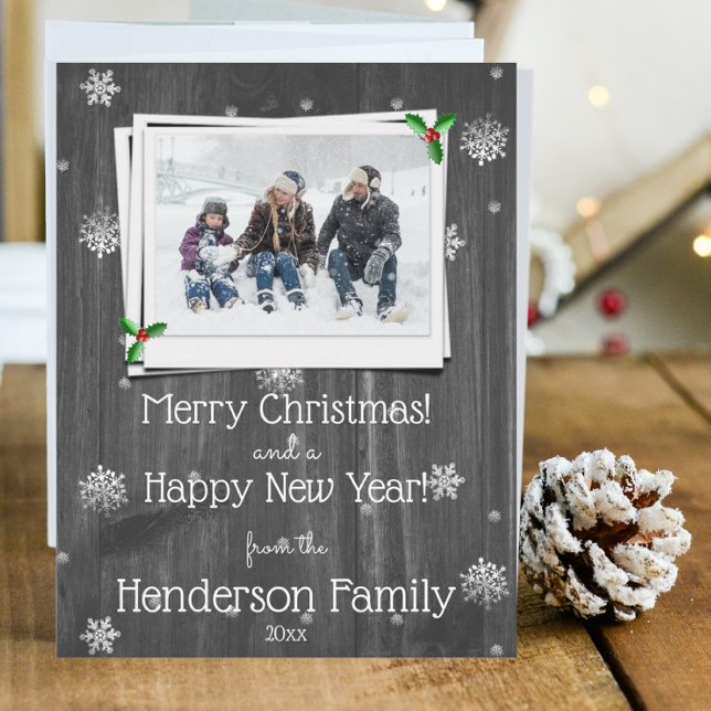Tarjeta fotográfica Gris Rustic de Madera Llanta (Gray Rustic Wooden Photo Christmas Card)