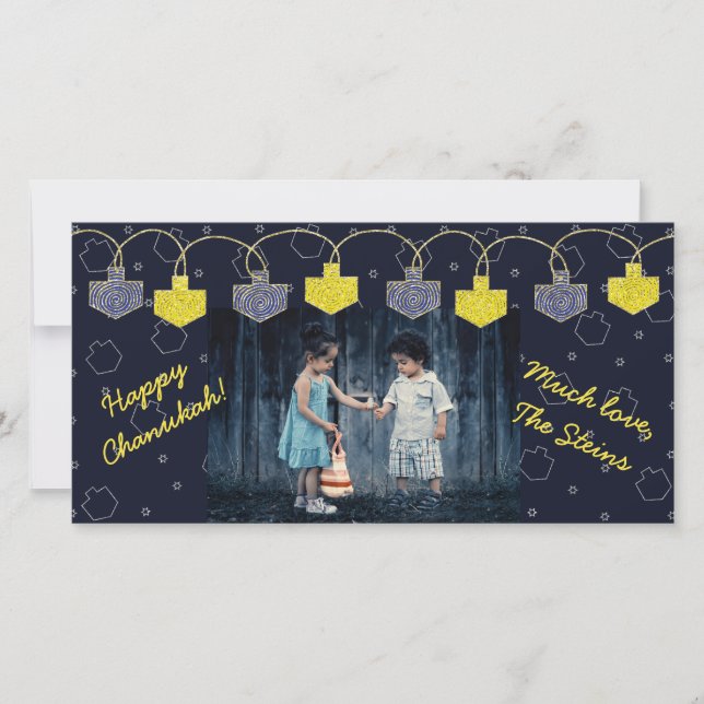 Tarjeta fotográfica Hanukkah "Dreidel Banner" (Anverso)