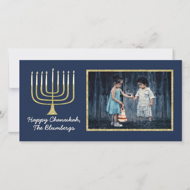 Tarjeta fotográfica Hanukkah "Elegante Menorah Blu (Anverso)