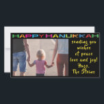Tarjeta fotográfica Hanukkah "Happy Hanukkah"<br><div class="desc">Feliz feriado, tarjeta de fotos Hanukkah/Chanukah, "Happy Hanukkah" Glossy, tarjeta de fotos con sobre blanco. Personalice reemplazando la foto y la redacción. Personalizar de la redacción eligiendo el estilo de fuente, color y tamaño favoritos. El color de fondo se puede cambiar seleccionando en la paleta de colores. Reajuste, redimensione y...</div>