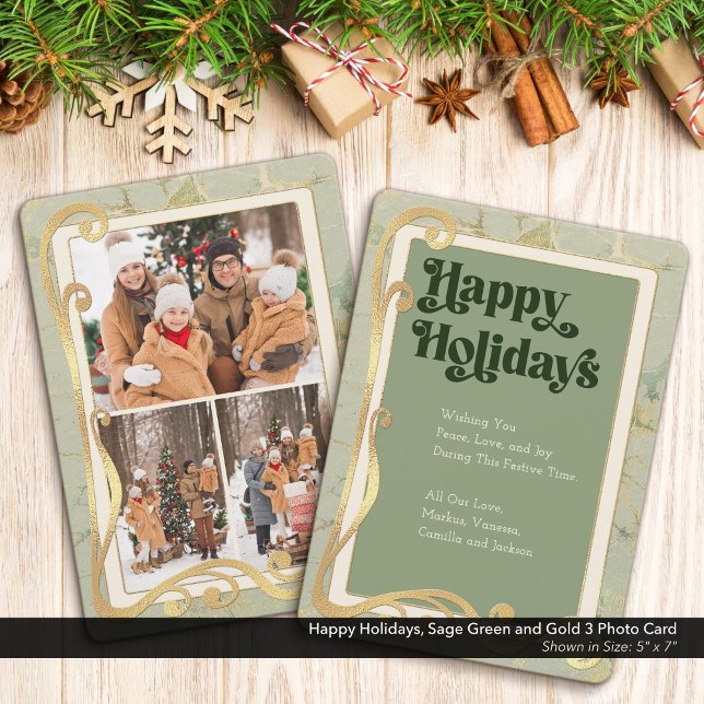 Tarjeta fotográfica Happy Holidays Sage Green y Go (Happy Holidays, Sage Green and Gold Holiday Three (3) Photo Greeting Card)