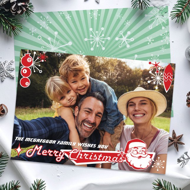 Tarjeta fotográfica horizontal de Navidad de media (Mid-century Santa, flat simple photocard)