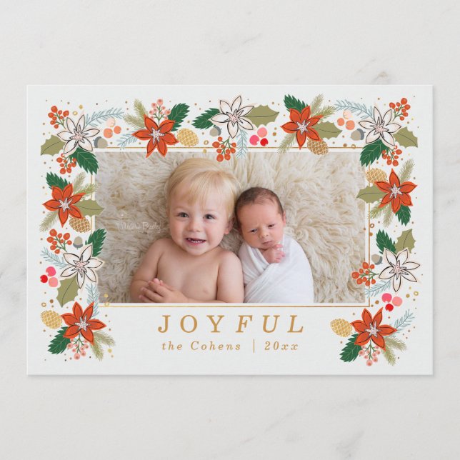 Tarjeta fotográfica horizontal Pine y Poinsettias  (Anverso)