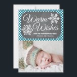 Tarjeta fotográfica Indigo Dot Chalkboard Snowflak<br><div class="desc">Añade tu foto familiar favorita o foto de un bebé o una niña en las primeras vacaciones o de un Navidad a esta dulce, moderna y bonito tarjeta de fotos navideña con dos copos de nieve en el fondo de una pizarra y un patrón indigo azul de punto de polka....</div>