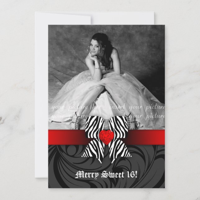 Tarjeta fotográfica invitada Zebra Bow Sweet 16 Fi (Anverso)