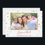Tarjeta fotográfica Joyeux Noël Relieve metalizado<br><div class="desc">Faux Relieve metalizado dorado Snowflakes - Joyeux Noël French Merry Christmas - Holiday Photo Card. La imagen,  la fecha y el nombre de la familia pueden ser reemplazados en esta simple y elegante tarjeta de fotos de Navidad.</div>