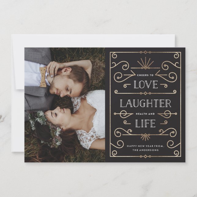 Tarjeta fotográfica Love Laughter Life New Year (Anverso)
