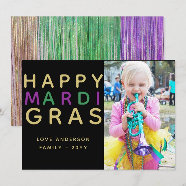 Tarjeta fotográfica Mardi Gras - Oro verde púrpura (Anverso / Reverso)