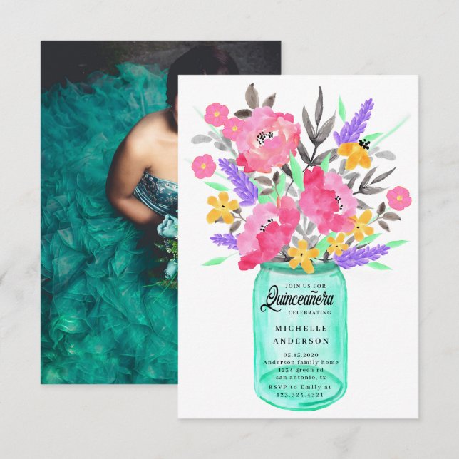 Tarjeta fotográfica Mason Jar Floral Bouquet Quinc (Anverso / Reverso)