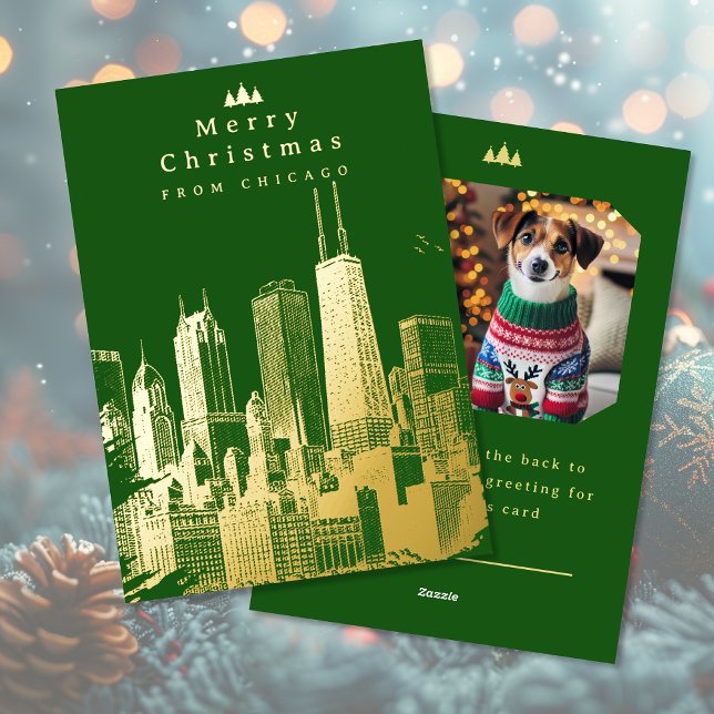Tarjeta fotográfica Merry Christmas Chicago Green  (Merry Christmas Chicago Green Foil Photo Card (front and back))