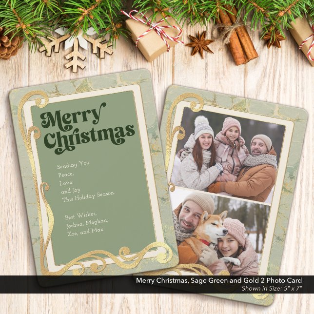 Tarjeta fotográfica Merry Christmas Sage Green y G (Merry Christmas, Sage Green and Gold Holiday Two (2) Photo Greeting Card)