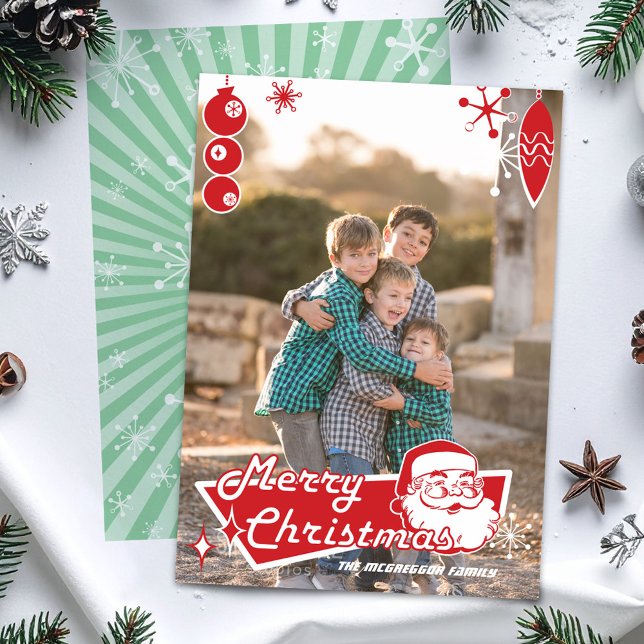 Tarjeta fotográfica moderna de Navidad de mediados (Mid-century Santa "Merry Christmas" flat photocard)
