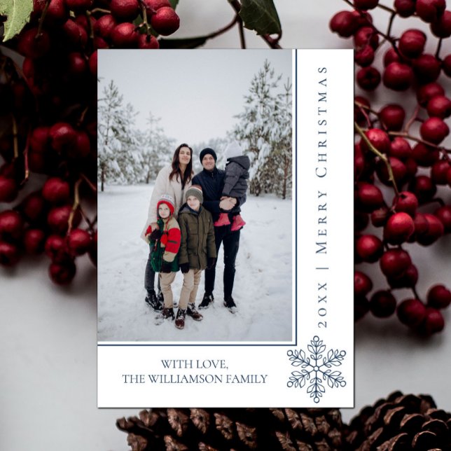 Tarjeta fotográfica moderna de Snowflake para Navi (Blue Modern Snowflake Christmas Photo Card)