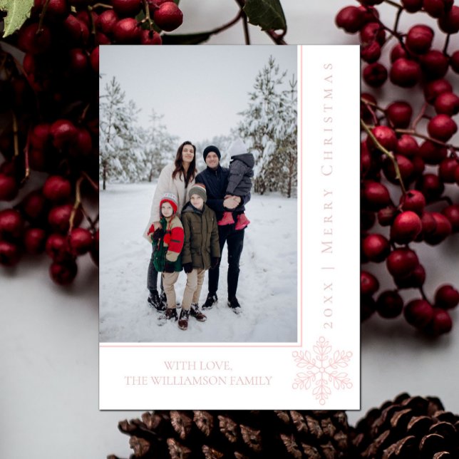 Tarjeta fotográfica moderna de Snowflake para Navi (Pink Modern Snowflake Christmas Photo Card)