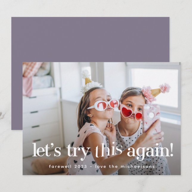 Tarjeta fotográfica morada "Intentemos esto de nue (Anverso / Reverso)