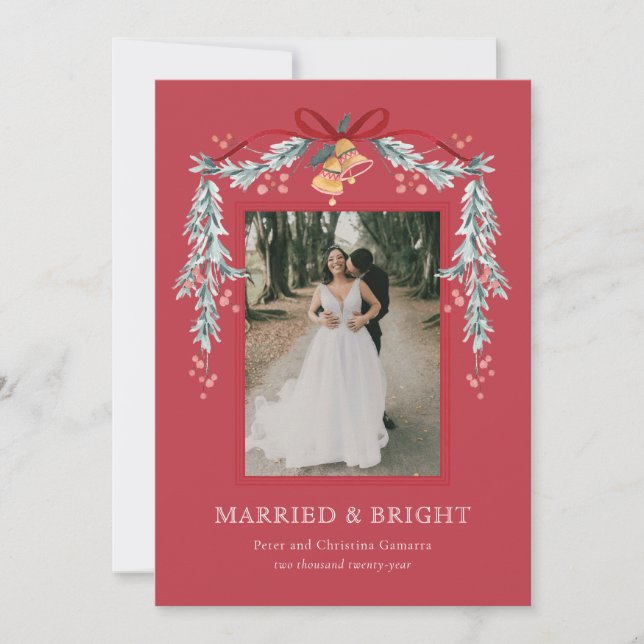 Tarjeta fotográfica navideña casada y brillante (Anverso)