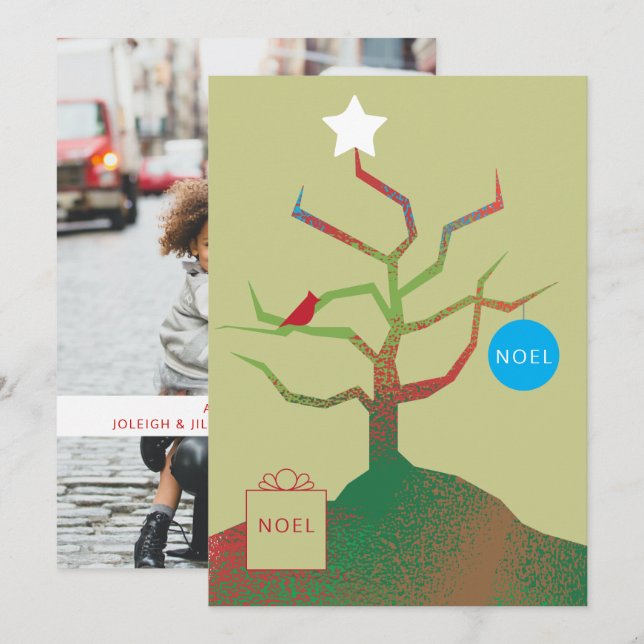 Tarjeta fotográfica navideña de árbol de arte (Anverso / Reverso)