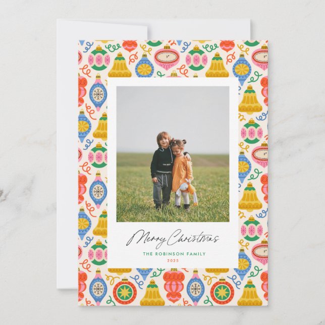 Tarjeta fotográfica navideña de los adornos de la  (Anverso)