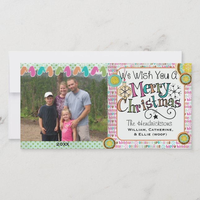 Tarjeta fotográfica navideña de los ornamentos y l (Anverso)