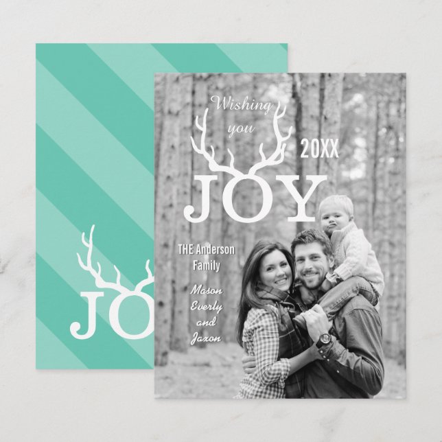 Tarjeta fotográfica navideña Mint Joy Deer Antlers (Anverso / Reverso)