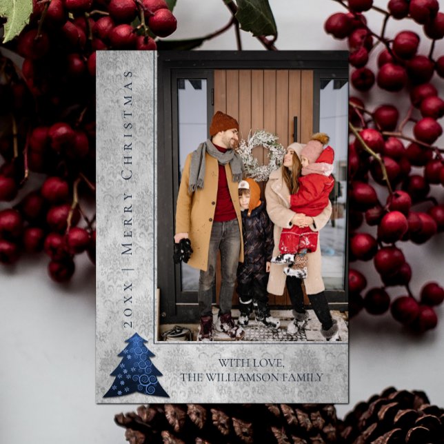 Tarjeta fotográfica navideña moderna | Azul (Blue Modern Christmas Tree Holiday Photo Card)