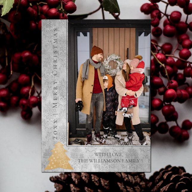 Tarjeta fotográfica navideña moderna | Oro (Gold Modern Christmas Tree Holiday Photo Card)