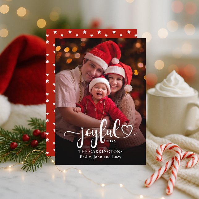 Tarjeta fotográfica navideña para Navidades alegre (Joyful Custom Photo Holiday Christmas Card with Names, Date, Red and White Stars and Hearts.)