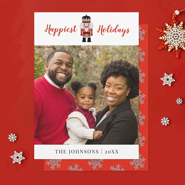 Tarjeta fotográfica navideña para Navidades de nue (A festive Christmas Holiday card featuring your family photo and a nutcracker)