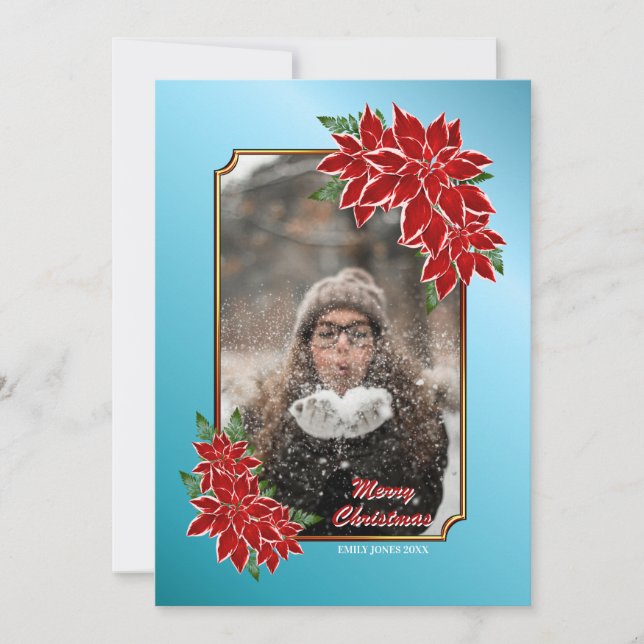 Tarjeta fotográfica navideña Poinsettia roja borde (Anverso)