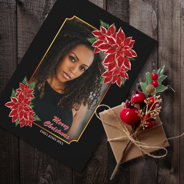 Tarjeta fotográfica navideña Poinsettia roja Front (Subido por el creador)