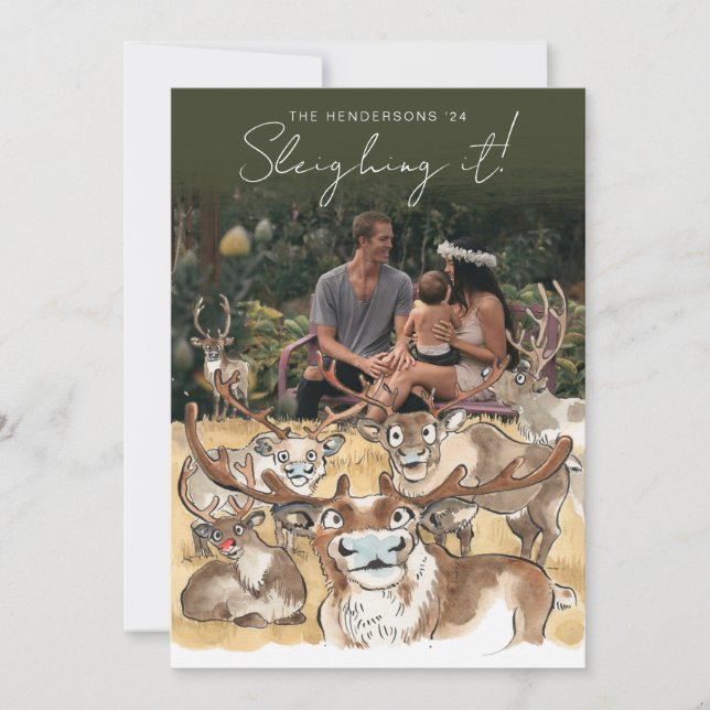 Tarjeta fotográfica navideña Reno ciervo navideño  (Anverso)
