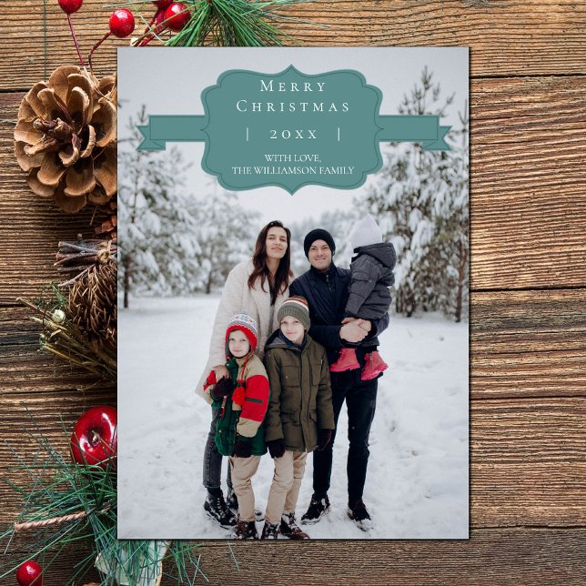 Tarjeta fotográfica navideña verde azulada moderna (Teal Modern and Simple Christmas Photo Card)