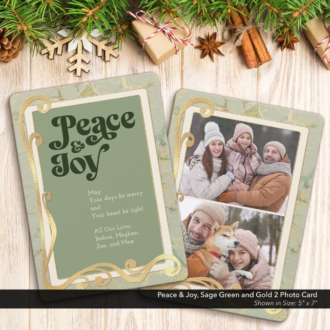 Tarjeta fotográfica Peace & Joy Sage Green y Gold  (Peace & Joy, Sage Green and Gold Holiday Two (2) Photo Greeting Card)