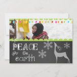 Tarjeta fotográfica Peace on Earth Chalkboard<br><div class="desc">Un fondo de pizarra con un fresco texto blanco que dice "Paz en la tierra" delante y "Alegría por el mundo" detrás con copos de nieve, un ciervo de silueta blanca y coloridas luces de árbol con áreas que puedes personalizar con tus nombres y fotos! ¡Esta divertida y colorida tarjeta...</div>