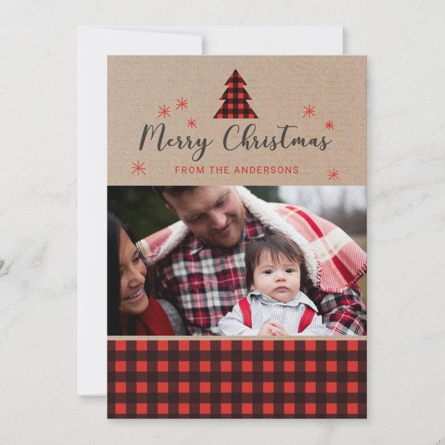 Tarjeta fotográfica personalizada Plaid Christmas (Anverso)