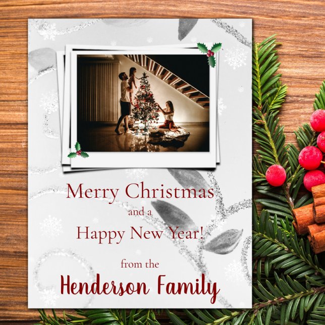 Tarjeta fotográfica plana con hojas de plata (Silver Leaves Flat Holiday Photo Card)