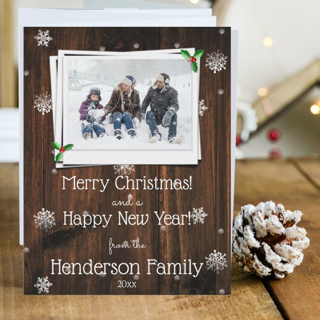 Tarjeta fotográfica plana de madera rusa (Rustic Wooden Photo Christmas Card)