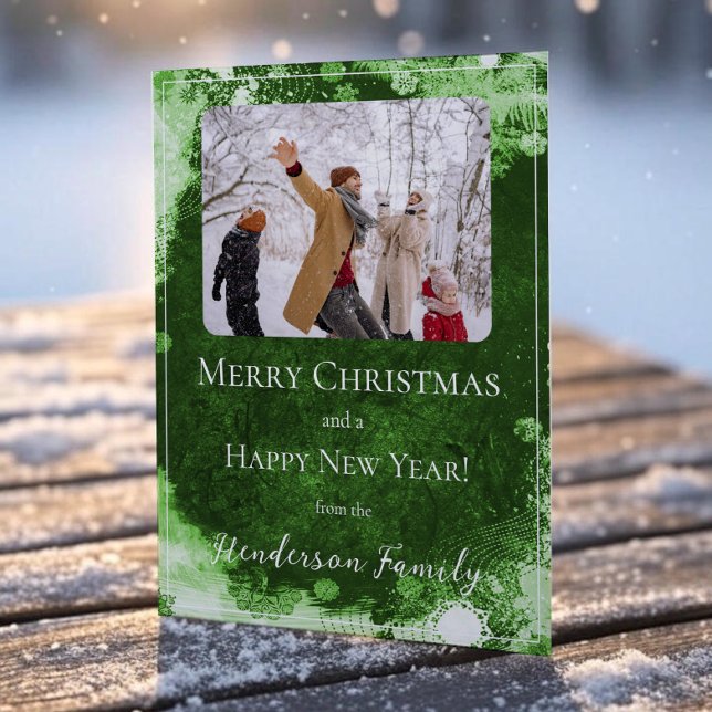 Tarjeta fotográfica plana Green Snflakes Flat Holi (Green Snowflakes Flat Holiday Photo Card)