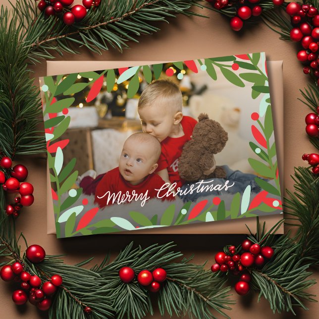 Tarjeta fotográfica plana Wreath de los navidades (Holiday Foliage Wreath Greeting Card)