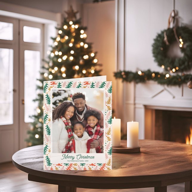 Tarjeta fotográfica plegada de vacaciones de árbol (Groovy Retro Christmas Tree Holiday Folded Card)