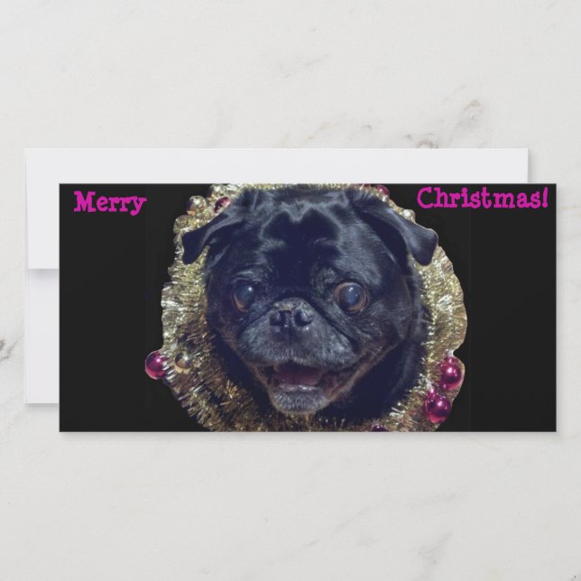 Tarjeta fotográfica Pug de Navidades locos (Anverso)